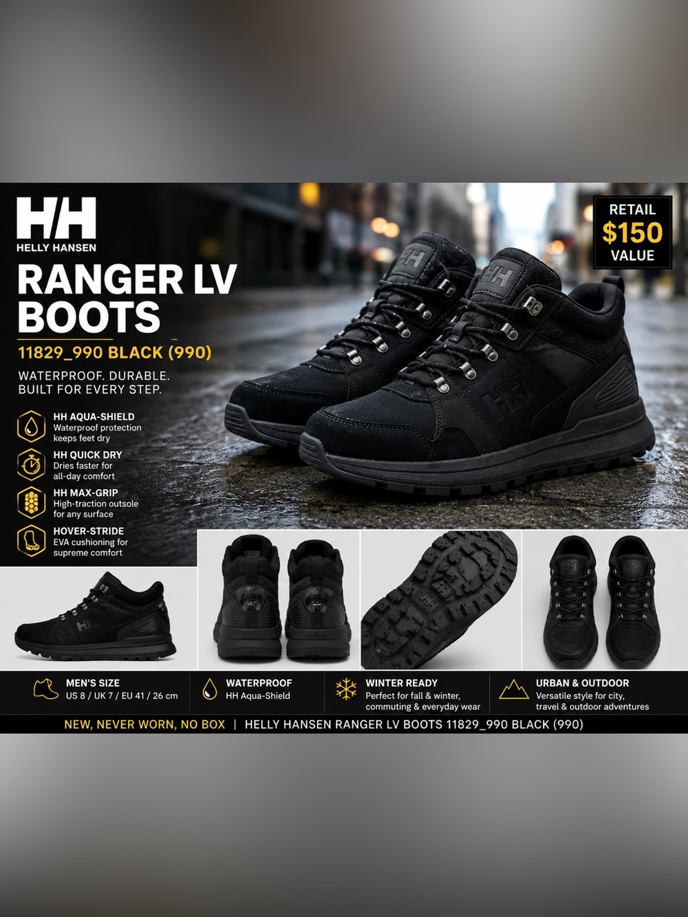 🌸 NEW Helly Hansen Ranger LV Men’s 8 Waterproof Winter Boots $150 Retail